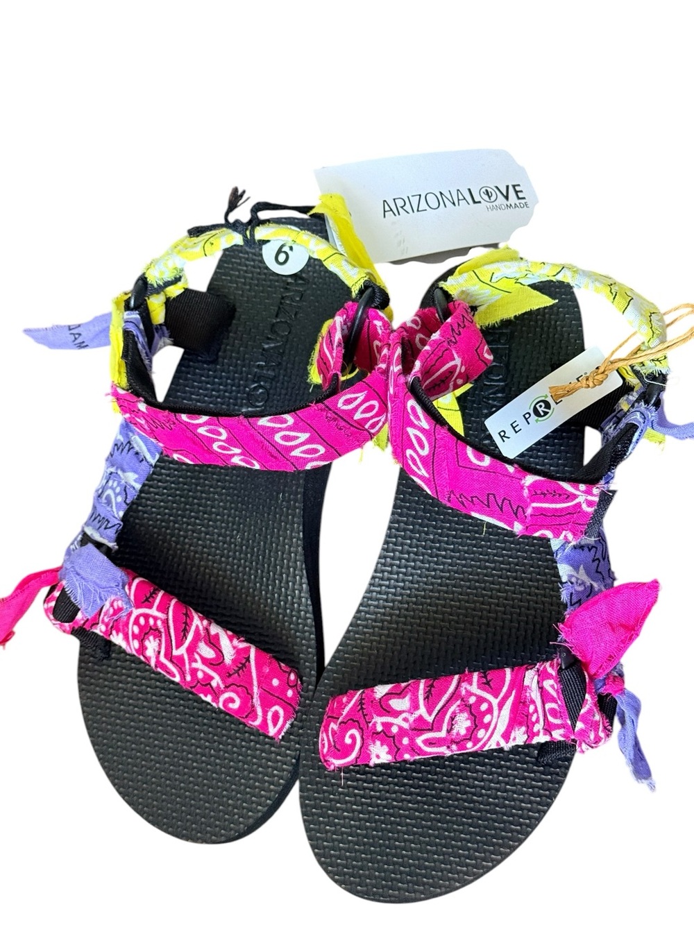 Arizona Love Black Sandals with Pink, Purple & Yellow Bandana Straps - Picture 2 of 7